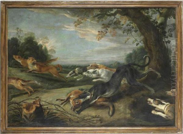 Hounds Chasing Foxes In A Wooded Landscape Oil Painting by Frans Snyders