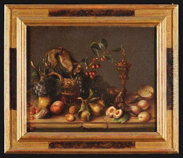 Natura Morta Di Frutti Vari Su Piano In Pietra In Un Cesto, Calice E Una Scimmia. Oil Painting by Frans Snyders