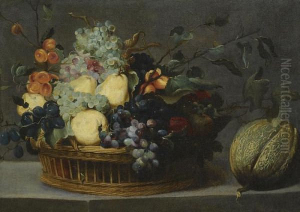 A Still Life With Pears, Grapes 
And Apricots In A Basket And A Watermelon On A Stone Ledge Oil Painting by Frans Snyders