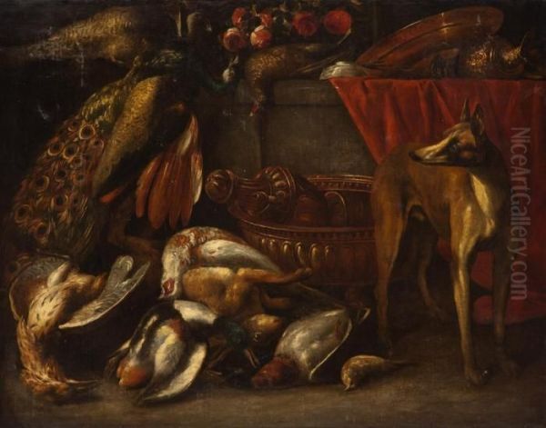 Grosses Jagdstillleben Mit Toten Vogeln, Hasen, Silbergerat Und Jagdhund Oil Painting by Frans Snyders