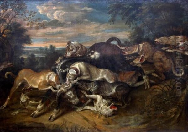 Jachthonden Die Een Stier Aanvallen. Oil Painting by Frans Snyders