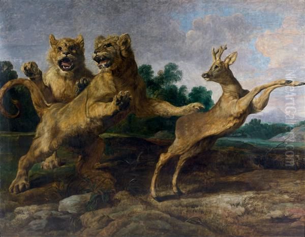 Deux Jeunes Lions Poursuivant Un Chevreuil Oil Painting by Frans Snyders