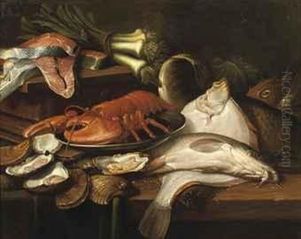 A Pike, A Plaice, A Lobster On A
 Tin Plate, Oysters, Leek Andsalmon, All On A Wooden Table Oil Painting by Frans Snyders