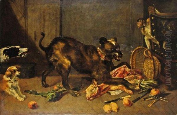 Lot 147 : Atelier De F. Snyders, Ecole Flamande Du Xviie -chien Poursuivant Un Singe... Oil Painting by Frans Snyders