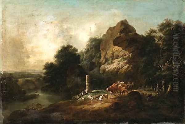 A Landscape with a Shepherd resting on a Riverbank Oil Painting by English School