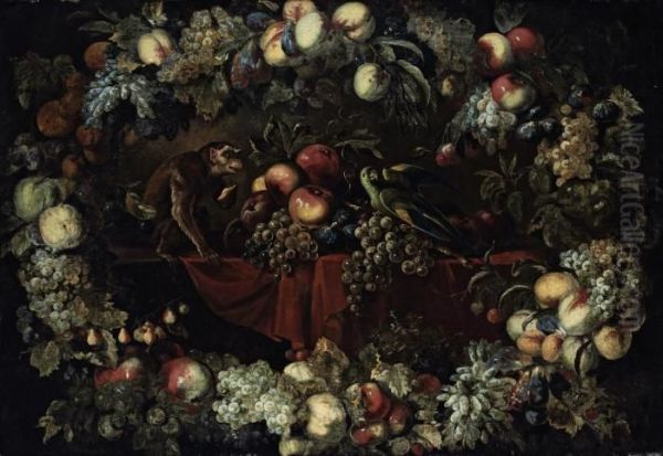 Grapes, Figs And Apples On A 
Partly-draped Table With A Parrot Anda Monkey, Surrounded By A Garland 
Of Pomegranates, Grapes,cherries, Strawberries, And Other Fruit Oil Painting by Frans Snyders