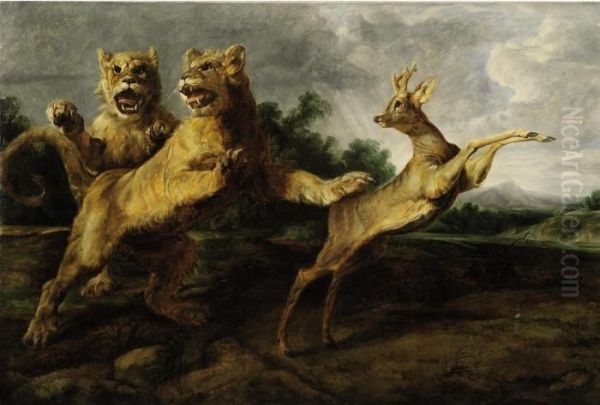 Two Young Lions Chasing A Roebuck Oil Painting by Frans Snyders