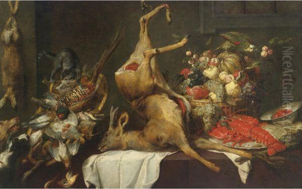 Game Still Life With Birds, A 
Deer And A Hare, With A Basket Offruit, A Lobster On A Plate And Other 
Objects On A Draped Tablewith A Cat, Two Dogs And A Parrot Oil Painting by Frans Snyders