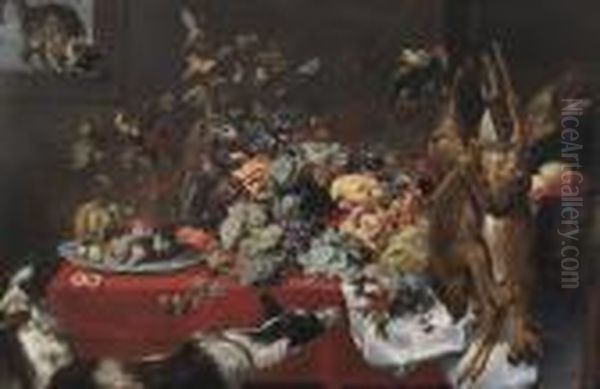 A Draped Table Laden With Fruit,
 Nuts And Berries, With A Cat, Birds, A Parrot, A Squirrel, A Monkey, 
Hounds, A Boar's Head And A Buck And A Fawn Hanging From A Hook Oil Painting by Frans Snyders