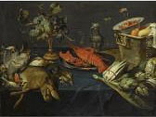 Still Life With A Lobster On A 
Silver Dish, A Dead Hare And Other Game, Blue And White Grapes On A 
Silver-gilt Tazza, Artichokes, Asparagus, A Wan-li Kraak Bowl With 
Strawberries In A Copper Bucket, All Arranged On A Table Draped With A 
Blue Velve Oil Painting by Frans Snyders