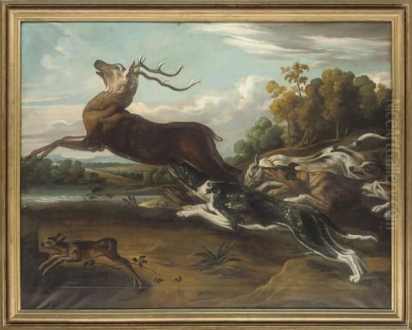 Hounds Hunting A Deer And Fawn In A Wooded Landscape Oil Painting by Frans Snyders