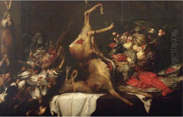 Game Still Life With Birds, A 
Deer And A Hare, With A Basket Of Fruit, A Lobster On A Plate And Other 
Objects On A Draped Table With A Cat, Two Dogs And A Parrot Oil Painting by Frans Snyders