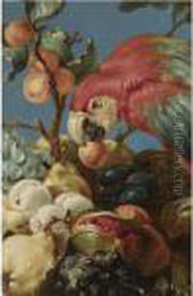 A Parrot Perched On An Abundance
 Of Fruit, Including Oranges, Pears, Grapes, Prunes And A Pomegranate Oil Painting by Frans Snyders