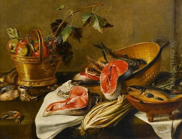 A Colander Filled With Salmon With A Copper Basket Of Pears And Grapes Oil Painting by Frans Snyders