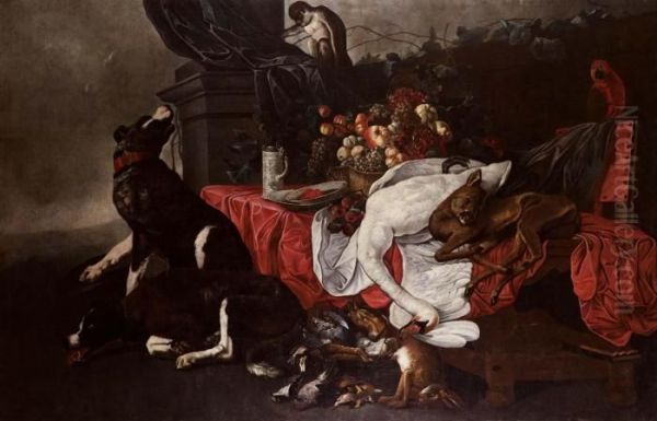 Natura Morta Con Frutta, Selvaggina, Due Cani, Pappagallo E Scimmia Oil Painting by Frans Snyders