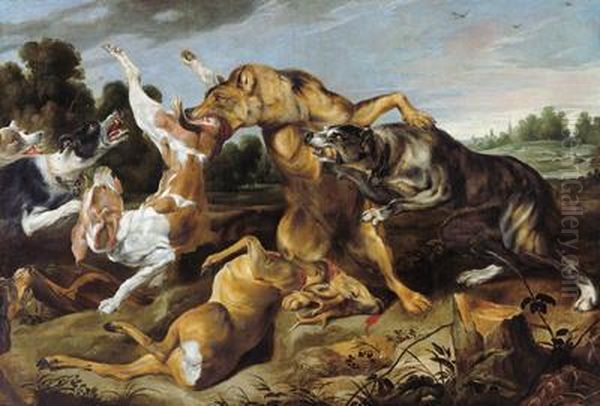 Cani A Caccia Di Un Lupo Che Ha Ucciso Un Cerbiatto Oil Painting by Frans Snyders