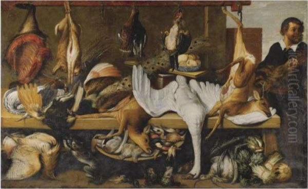 A Market Stall With A Dead Game,
 Including A Swan, Deer, A Peacock, Hares, And A Side Of Pork, Together 
With A Pile Of Vegetables And A Man Holding A Boar's Head Oil Painting by Frans Snyders