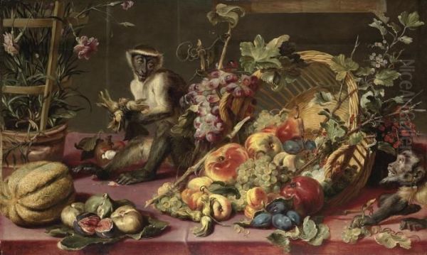 Grapes On The Vine, Apples, 
Pears, Plums, Red And White Currants Onthe Branch And Hazelnuts Spilling
 From A Wicker Basket, Figs On Aleaf, A Melon, An Earthenware And 
Trellis Pot Of Carnations, With Adiana Monkey Eating Hazelnuts And A 
Capuchin Mon Oil Painting by Frans Snyders