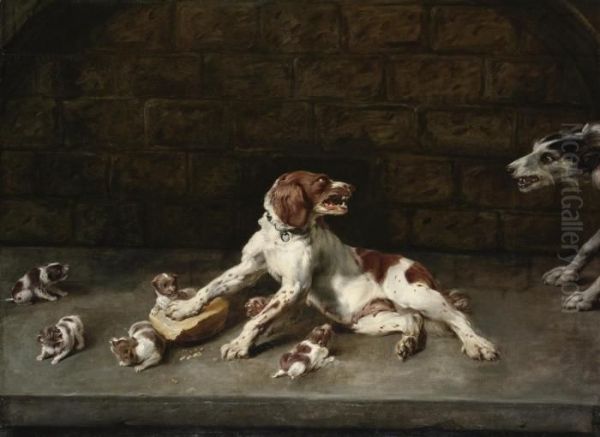 A Dog Defending Its Pups, In An Alcove Oil Painting by Frans Snyders