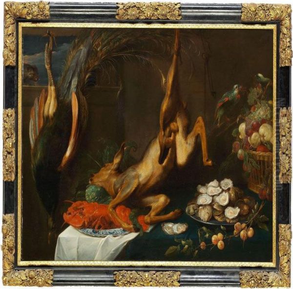 Nature Morte With Roedeer, Wild Fowl, Parrots, Lobster And Oysters Oil Painting by Frans Snyders