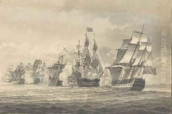 A naval engagement with a Britsh man o'war firing a broadside Oil Painting by English School