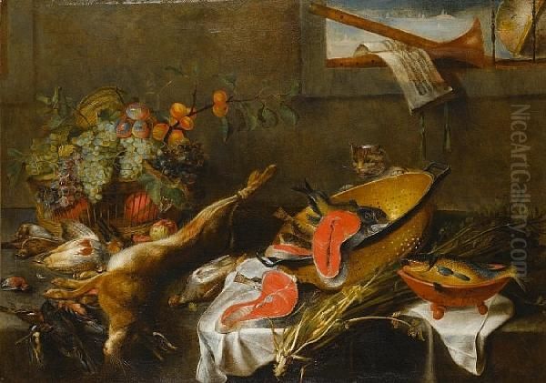 A Still Life Of A Cat Beside An 
Upturnedcolander Of Salmon With Other Fish, Dead Game And An Basket 
Offruit On A Wooden Table, Beneath A Window Ledge With A Pair 
Ofrecorders, A Globe And A Musical Manuscript Oil Painting by Frans Snyders