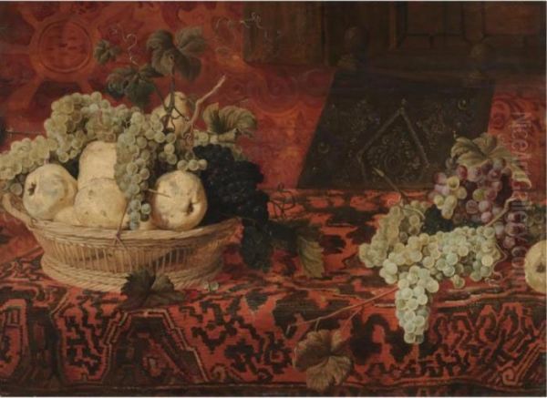 A Still Life Of Pears, Red And 
White Grapes In A Wicker Basket On A Table Draped With An Embroidered 
Blanket Oil Painting by Frans Snyders