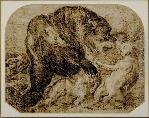 Dogs Bringing Down Grizzly Bear Oil Painting by Frans Snyders