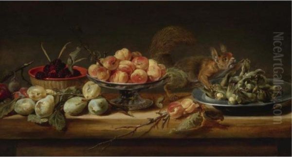 Still Life With Peaches In A 
Tazza, Hazelnuts On A Pewter Plate, Raspberries In A Basket, With Pears 
And A Squirrel On A Table Oil Painting by Frans Snyders