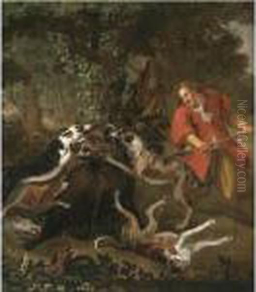 A Huntsmen And Dogs Attacking A Wild Boar Oil Painting by Frans Snyders