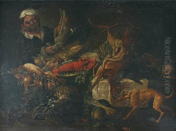 Still Life With Game, Seafood, 
And Vegetables, With Greyhound And Servant Displaying A Hare Oil Painting by Frans Snyders