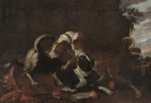 A Wooded Landscape With Two Dogs Fighting Over The Remains Of A Carcus Oil Painting by Frans Snyders