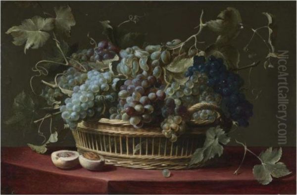 A Still Life With A Basket Of Grapes On The Vine, A Halved Peach On The Ledge Below Oil Painting by Frans Snyders