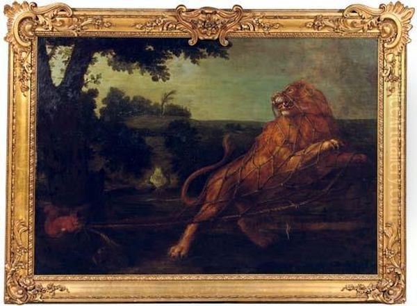 A Lion Caught In A Net With A Squirl Nearby Oil Painting by Frans Snyders