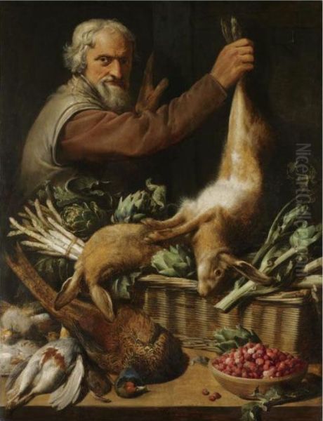 A Market Stall With A Peasant 
Holding Up A Hare, A Pheasant, Partridge, A Bowl Of Strawberries And A 
Square Basket Of Artichokes And Asparagus, All Arranged On A Table-top Oil Painting by Frans Snyders