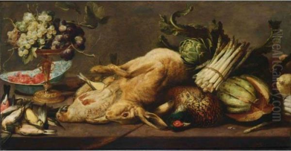 A Still Life Of A Hare, A 
Pheasant, A Partridge, Song Birds, Asparagus, A Melon, Artichokes, 
Together With A Silver-gilt Tazza With Grapes And Shrimps In Wan-li 
Bowls, All On A Wooden Table Oil Painting by Frans Snyders