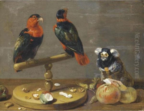 A Still Life With Two Parrots, A Marmoset, Apples, And A Variety Of Nuts On A Table Oil Painting by Frans Snyders