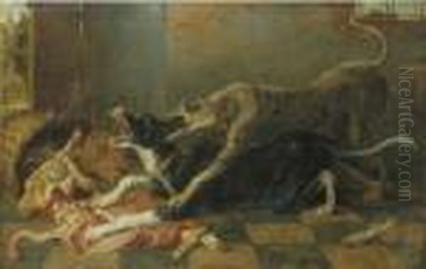 Two Dogs Fighting Over A Dead Ram Oil Painting by Frans Snyders