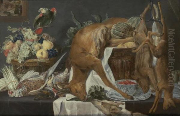 Banquet Of Life With A Deer, Two Boars, A Dog, A Basket Of Fruit With A Parrot And Bowl Oil Painting by Frans Snyders