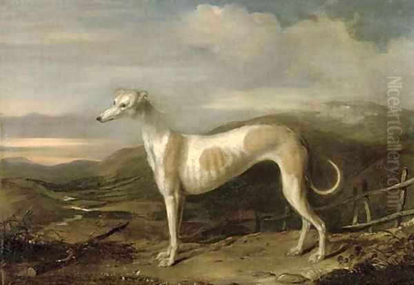 A prize greyhound in an extensive landscape, a river beyond Oil Painting by English School