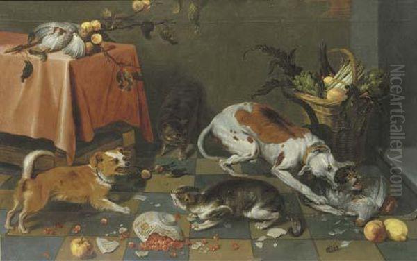 Dogs And Cats Fighting In A Kitchen Interior Oil Painting by Frans Snyders