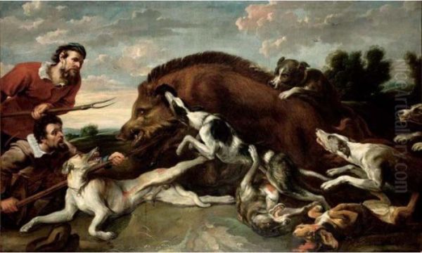 A Boar Hunt With Hounds And Two Sportsmen Oil Painting by Frans Snyders