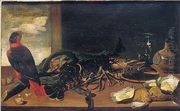 Bodegon: Loro, Alcachofa, Una Langosta Y Ostras Con Un Roemer Y
 Una Garrafa Encima De Una Mesa Oil Painting by Frans Snyders