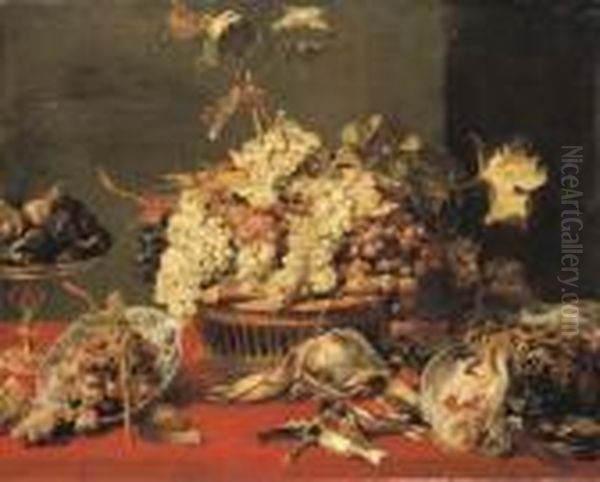 Grapes In A Basket And In A 
Wan-li 'kraak' Porselein Bowl With Figsin A Tazza On A Red Draped Ledge 
With A Woodcock, Pheasants, Apartridge And Other Birds Oil Painting by Frans Snyders