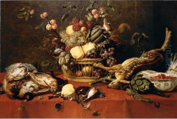 Fruit In A Basket Together With 
Game, A Bowl Of Fraises-de-bois, Artichokes, Asparagus And A Squirrel 
Upon A Table Draped With A Red Cloth Oil Painting by Frans Snyders