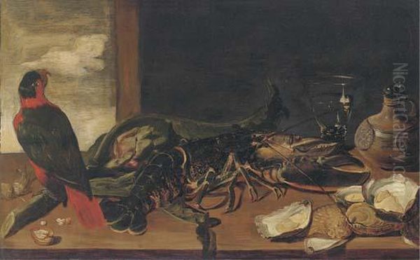 A Parrot, A Lobster, An Artichoke, Oysters, A Roemer Of Wine And Aflask On A Ledge Oil Painting by Frans Snyders