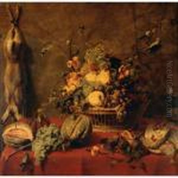 A Still Life Of Fruit In A 
Basket, Flanked By Melons, Grapes And Figs, Partridge, All On A Ledge 
Draped In A Red Cloth, With A Hare Suspended From A Nail To The Left Oil Painting by Frans Snyders