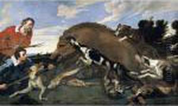 A Boar Hunt Oil Painting by Frans Snyders