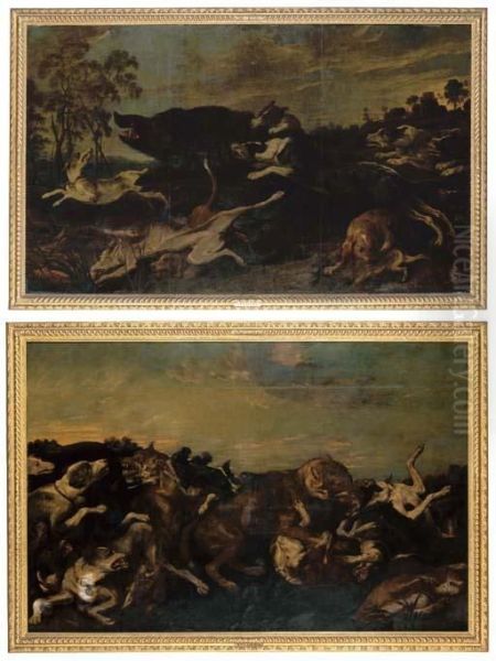 A Wild Boar Attacked By Hounds; And Wolves And Hounds Engaged In Afierce Struggle Oil Painting by Frans Snyders