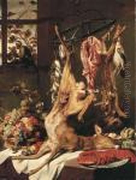 A Deer, A Fawn And Other Dead 
Game Suspended On Hooks, A Lobster Ona Porcelain Plate, Artichokes And 
Grapes, Apples, Plums And Otherfruit In A Basket On A Partly-draped 
Table With Two Monkeys Oil Painting by Frans Snyders